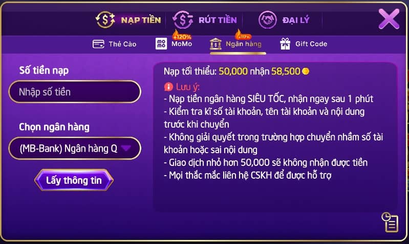 Giao diện nạp tiền 79club qua ngân hàng